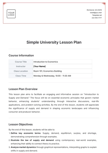 Free Simple University Lesson Plan Template to Edit Online