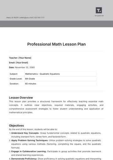 Free Professional Math Lesson Plan Template to Edit Online