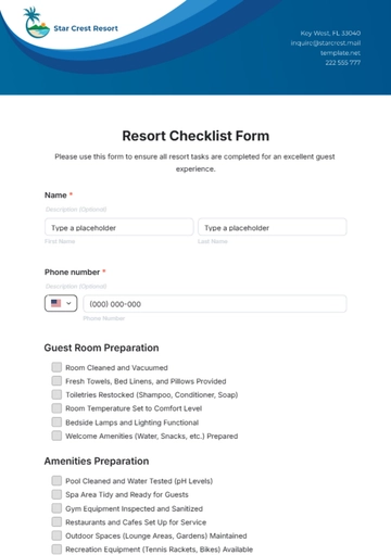 Free Resort Checklist Form Template to Edit Online