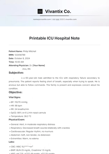 Free Printable ICU Hospital Note Template to Edit Online