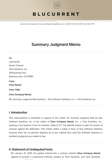 Free Summary Judgment Memo Template to Edit Online