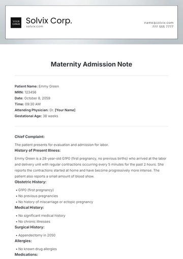 Free Maternity Admission Note Template to Edit Online