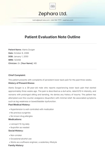 Free Patient Evaluation Note Outline Template to Edit Online