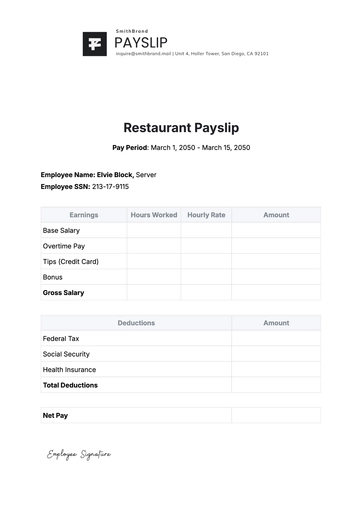 Free Restaurant Payslip Template to Edit Online | Template.net