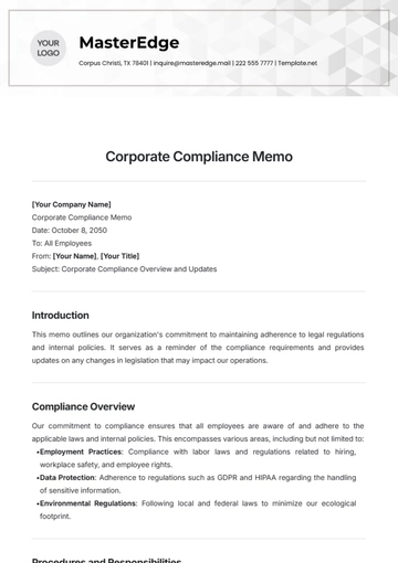 Free Corporate Compliance Memo Template to Edit Online