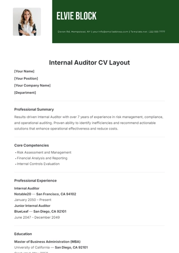 Free Internal Auditor CV Layout Template to Edit Online