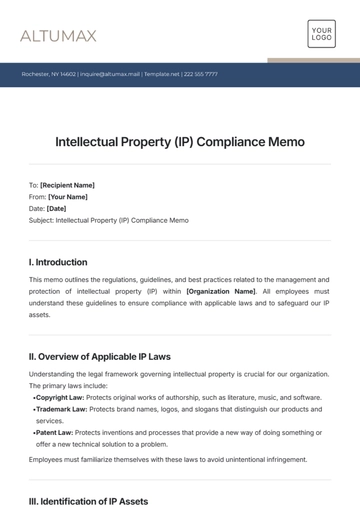 Free Intellectual Property (IP) Compliance Memo Template to Edit Online
