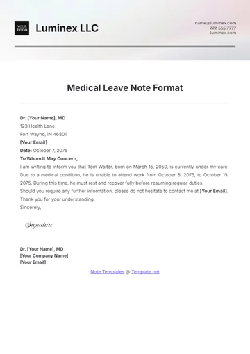 Free Medical Leave Note Format Template to Edit Online