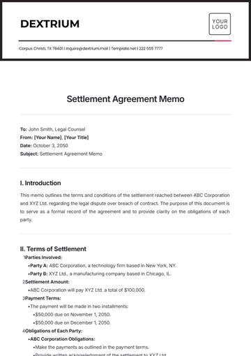 Free Settlement Agreement Memo Template to Edit Online