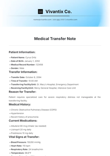 Free Medical Transfer Note Template to Edit Online