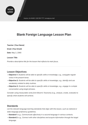 Free Blank Foreign Language Lesson Plan Template to Edit Online