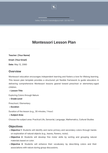 Free Montessori Lesson Plan Template to Edit Online