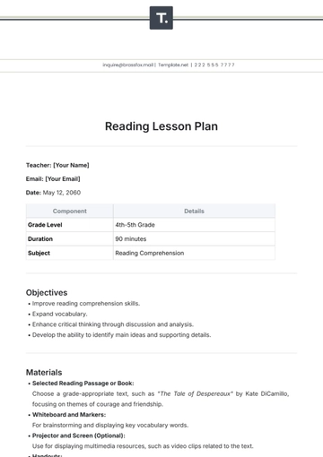 Free Reading Lesson Plan Template to Edit Online