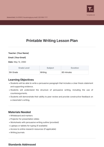 Free Printable Writing Lesson Plan Template to Edit Online