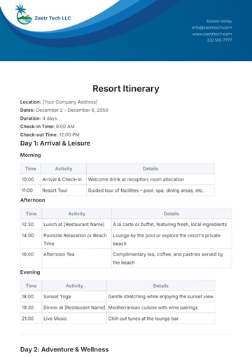 Free Resort Itinerary Template to Edit Online