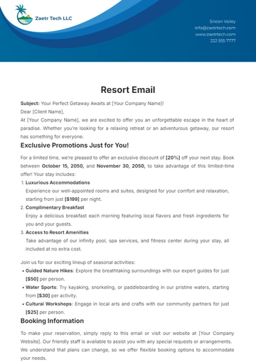 Free Resort Email Template to Edit Online