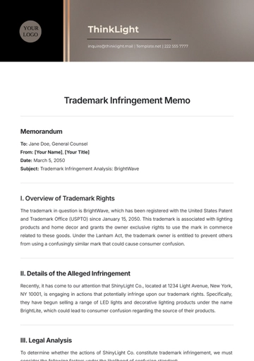 Free Trademark Infringement Memo Template to Edit Online