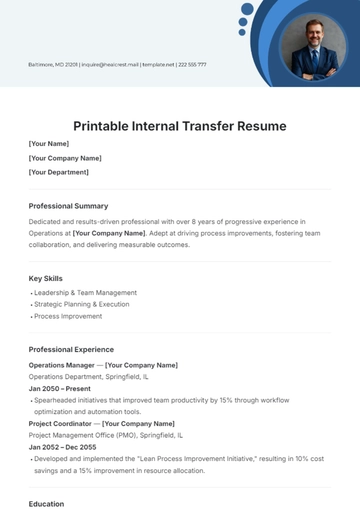 Free Printable Internal Transfer Resume Template to Edit Online