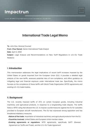 Free International Trade Legal Memo Template to Edit Online