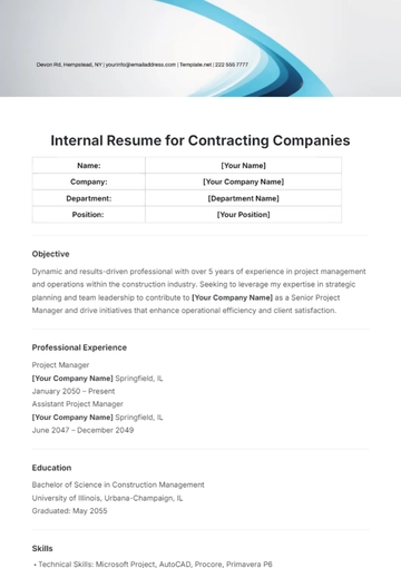 Free Internal Resume for Contracting Companies Template to Edit Online