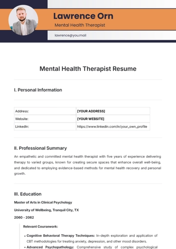 Free Mental Health Therapist Resume Template to Edit Online