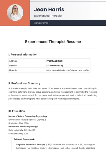 Free Experienced Therapist Resume Template to Edit Online