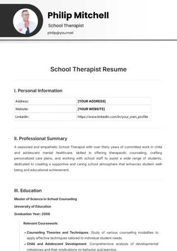 Free School Therapist Resume Template to Edit Online