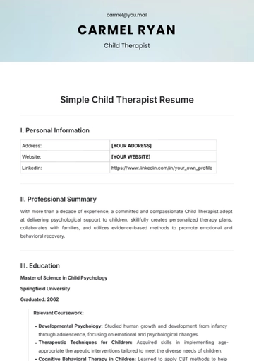 Free Simple Child Therapist Resume Template to Edit Online