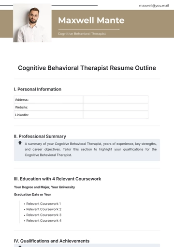 Free Cognitive Behavioral Therapist Resume Outline Template to Edit Online