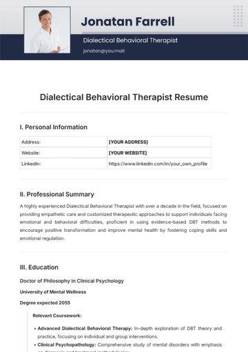 Free Dialectical Behavioral Therapist Resume Template to Edit Online