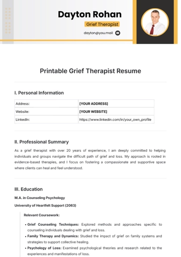 Free Printable Grief Therapist Resume Template to Edit Online