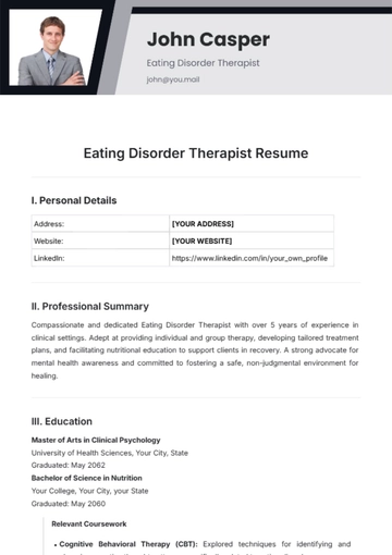 Free Eating Disorder Therapist Resume Template to Edit Online