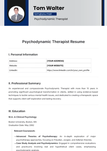 Free Psychodynamic Therapist Resume Template to Edit Online