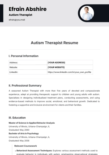 Free Autism Therapist Resume Template to Edit Online