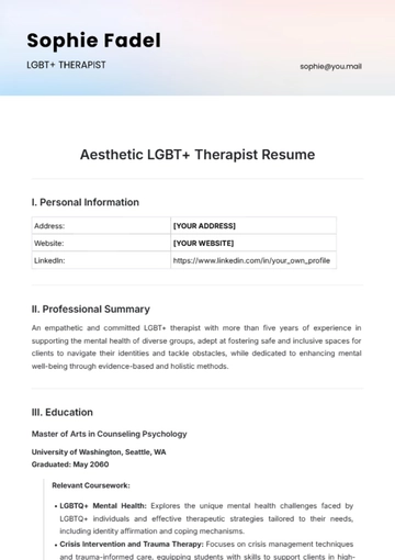 Free Aesthetic LGBT+ Therapist Resume Template to Edit Online