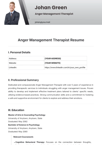 Free Anger Management Therapist Resume Template to Edit Online