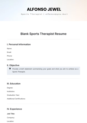 Free Blank Sports Therapist Resume Template to Edit Online
