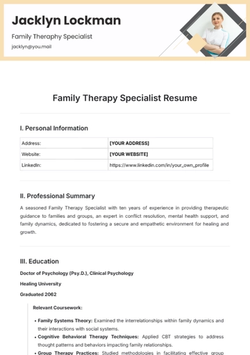 Free Family Therapy Specialist Resume Template to Edit Online