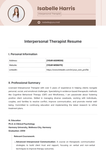 Free Interpersonal Therapist Resume Template to Edit Online