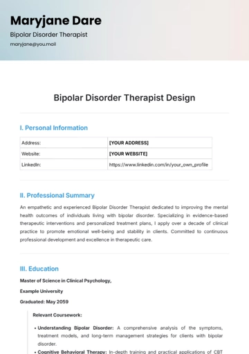 Free Bipolar Disorder Therapist Design Resume Template to Edit Online