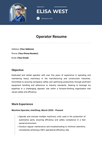 Free Operator Resume Template to Edit Online