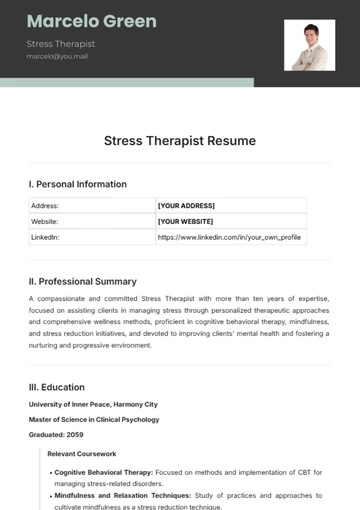 Free Stress Therapist Resume Template to Edit Online