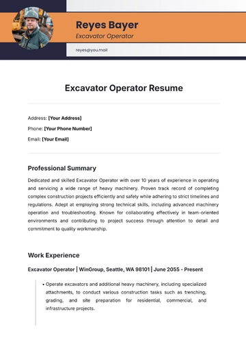 Free Excavator Operator Resume Template to Edit Online