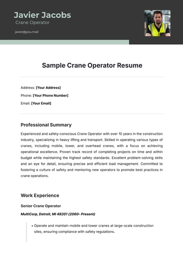 Free Sample Crane Operator Resume Template to Edit Online