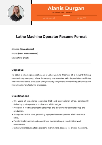 Free Lathe Machine Operator Resume Format Template to Edit Online