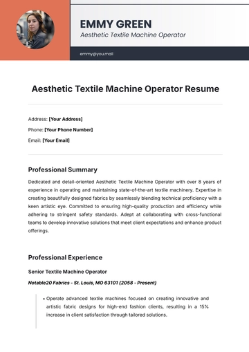 Free Aesthetic Textile Machine Operator Resume Template to Edit Online