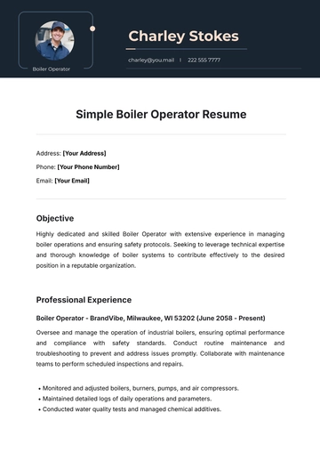 Free Simple Boiler Operator Resume Template to Edit Online