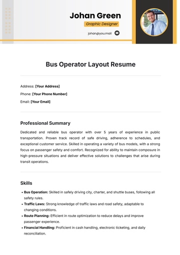 Free Bus Operator Layout Resume Template to Edit Online