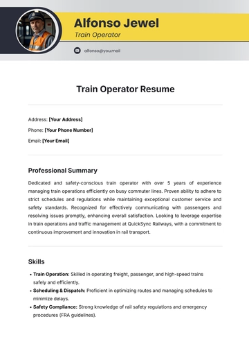 Free Train Operator Resume Template to Edit Online