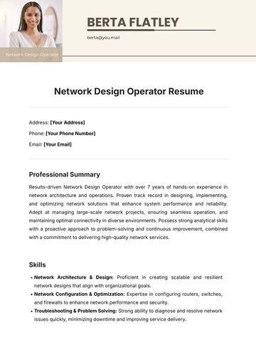 Free Network Design Operator Resume Template to Edit Online